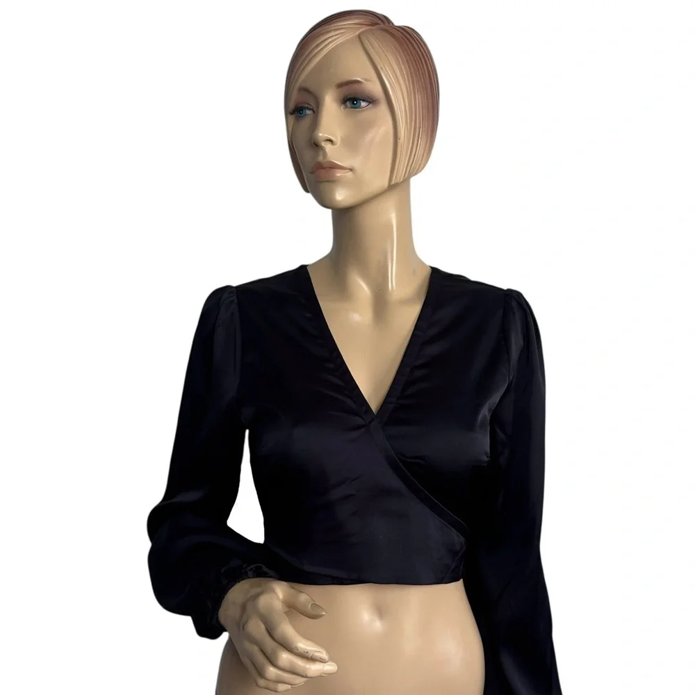 Abercrombie & Fitch Black Satin Wrap Tie Back Puff Sleeve Crop Top Size Small